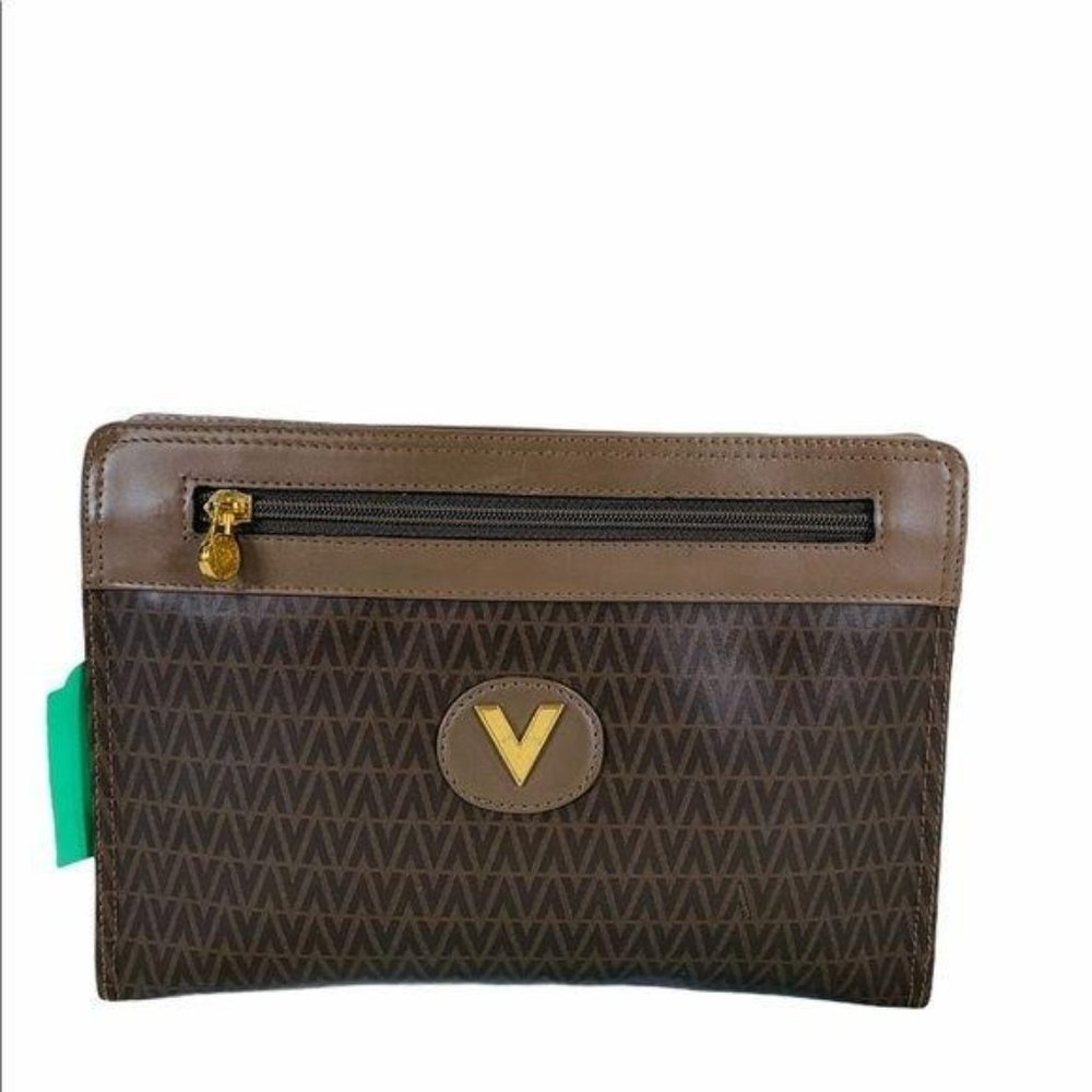 Authentic Mario Valentino Clutch Bag Pouch Cometic Brown PVC Used Handbag Vin - Picture 4 of 11